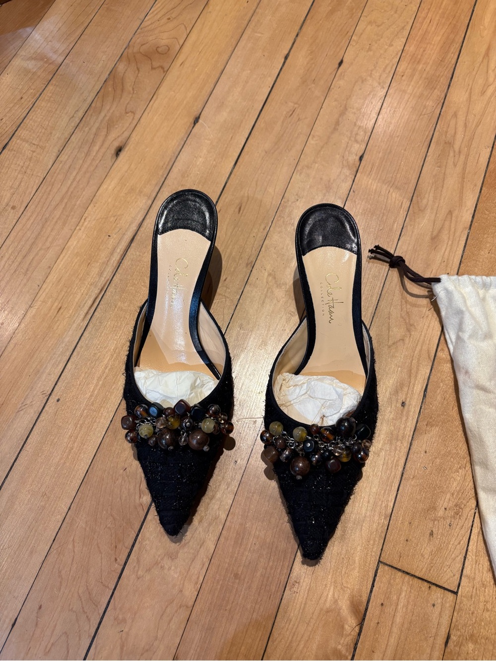 Cole Haan Black Pointed Toe Beaded Slip-On Mules